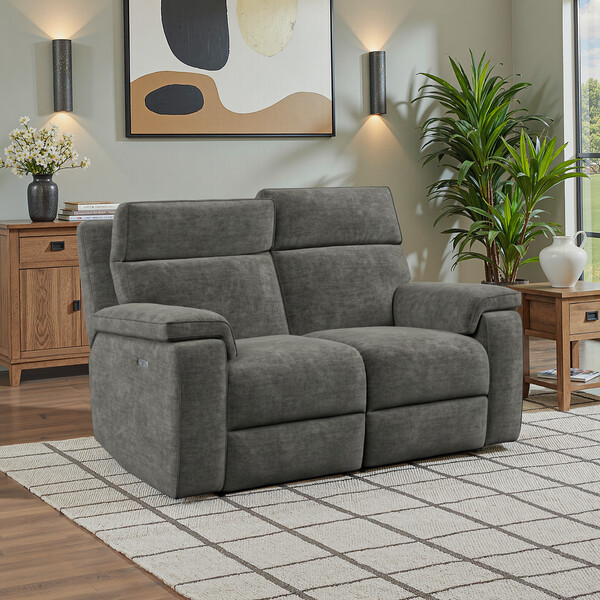 Plush Charcoal Fabric Sofas - 2 Seater Electric Recliner Sofa with Power Headrest - Selby Range - Oak Furnitureland