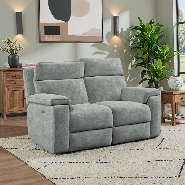 Plush Silver Fabric Sofas - 2 Seater Electric Recliner Sofa with Power Headrest - Selby Range - Oak Furnitureland