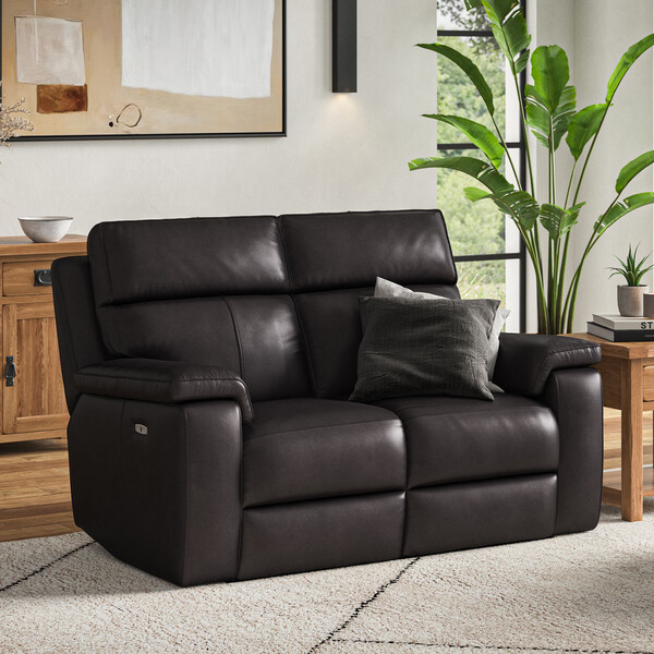Virgo Black Leather Sofas - 2 Seater Electric Recliner Sofa with Power Headrest - Selby Range - Oak Furnitureland