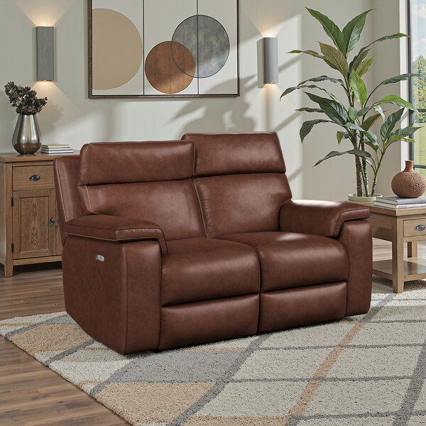 Virgo Chestnut Leather Sofas - 2 Seater Electric Recliner Sofa with Power Headrest - Selby Range - Oak Furnitureland