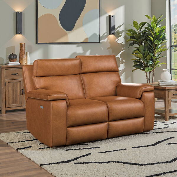 Virgo Cognac Leather Sofas - 2 Seater Electric Recliner Sofa with Power Headrest - Selby Range - Oak Furnitureland