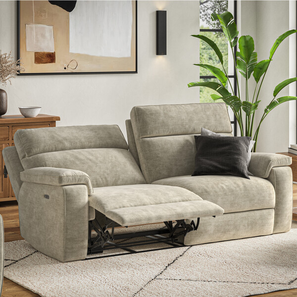 Plush Beige Fabric Sofas - 3 Seater Electric Recliner Sofa - Selby Range - Oak Furnitureland