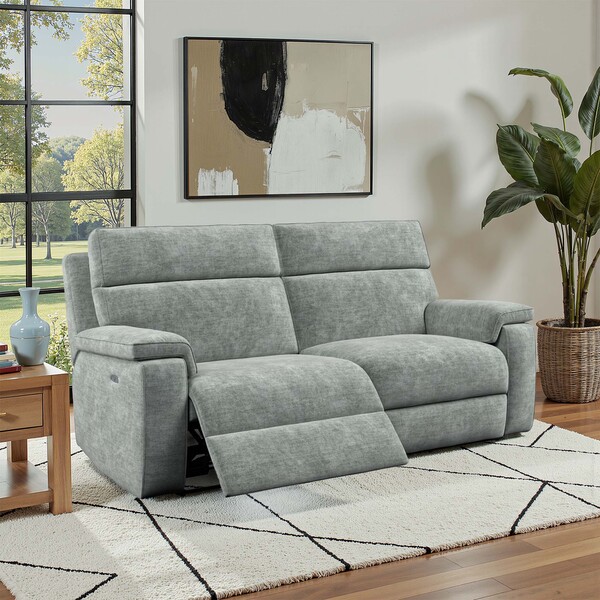 Plush Silver Fabric Sofas - 3 Seater Electric Recliner Sofa - Selby Range - Oak Furnitureland