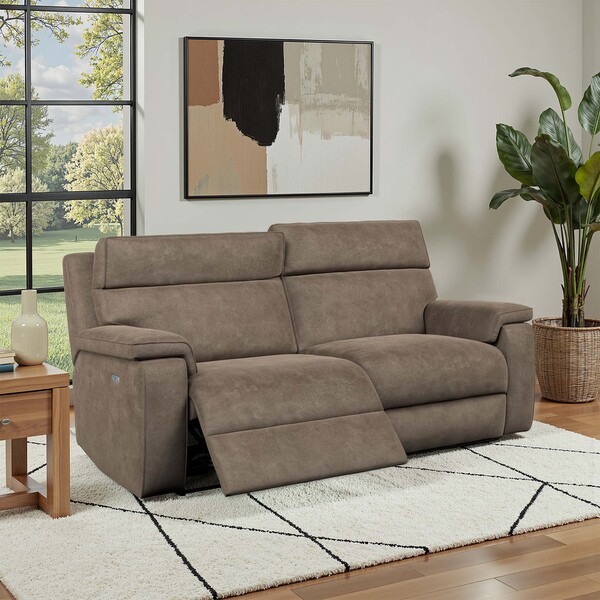 Miller Earth Brown Fabric Sofas - 3 Seater Electric Recliner Sofa with Power Headrest - Selby Range - Oak Furnitureland