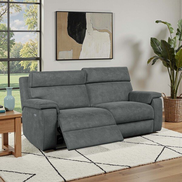 Miller Grey Fabric Sofas - 3 Seater Electric Recliner Sofa with Power Headrest - Selby Range - Oak Furnitureland