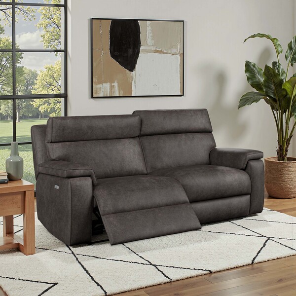 Pilgrim Pewter Fabric Sofas - 3 Seater Electric Recliner Sofa with Power Headrest - Selby Range - Oak Furnitureland