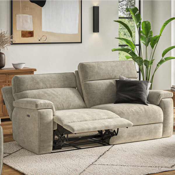 Plush Beige Fabric Sofas - 3 Seater Electric Recliner Sofa with Power Headrest - Selby Range - Oak Furnitureland
