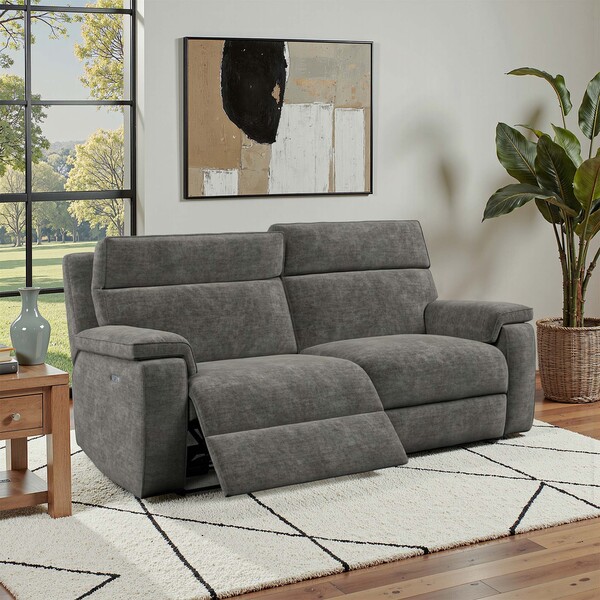 Plush Charcoal Fabric Sofas - 3 Seater Electric Recliner Sofa with Power Headrest - Selby Range - Oak Furnitureland
