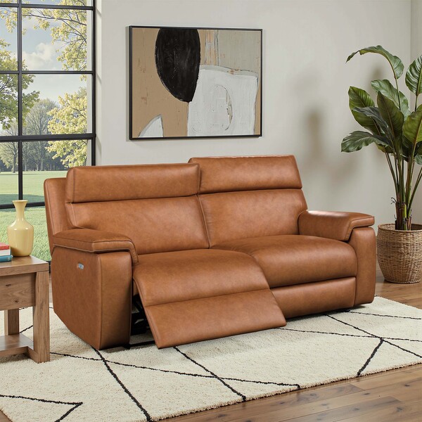 Virgo Cognac Leather Sofas - 3 Seater Electric Recliner Sofa with Power Headrest - Selby Range - Oak Furnitureland