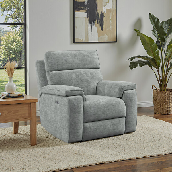 Plush Silver Fabric Sofas - Electric Recliner Armchair - Selby Range - Oak Furnitureland