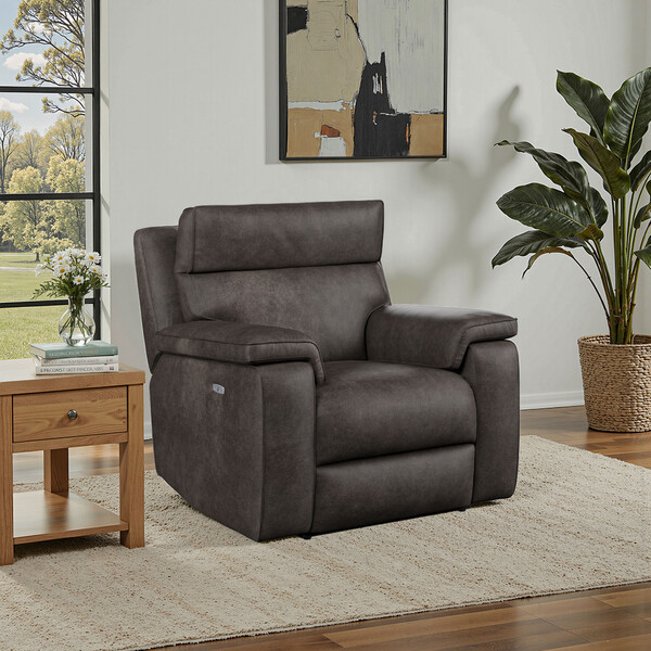 Pilgrim Pewter Fabric Sofas - Electric Recliner Armchair with Power Headrest - Selby Range - Oak Furnitureland