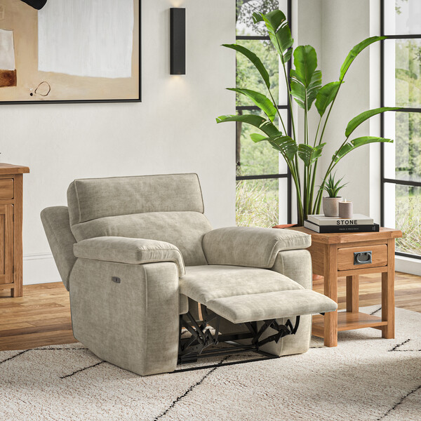 Plush Beige Fabric Sofas - Electric Recliner Armchair with Power Headrest - Selby Range - Oak Furnitureland