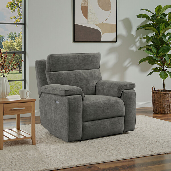 Plush Charcoal Fabric Sofas - Electric Recliner Armchair with Power Headrest - Selby Range - Oak Furnitureland