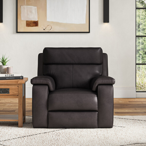 Virgo Black Leather Sofas - Electric Recliner Armchair with Power Headrest - Selby Range - Oak Furnitureland