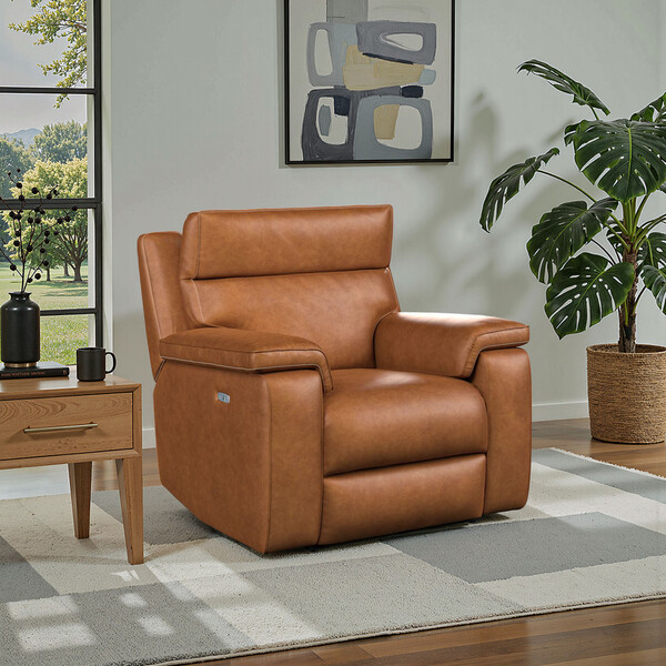 Virgo Cognac Leather Sofas - Electric Recliner Armchair with Power Headrest - Selby Range - Oak Furnitureland