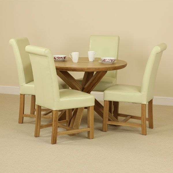 Solid Oak Round Dining Table With Crossed Legs + 4 Braced Cream Leather ...