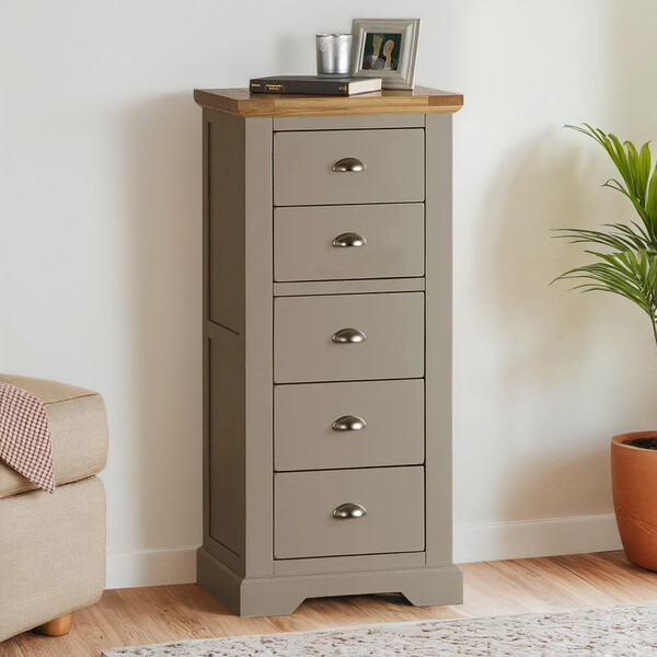 Natural Solid Oak & Grey Paint Chest of Drawers - 5 Drawer Tallboy - St. Ives Range - Oak Furnitureland
