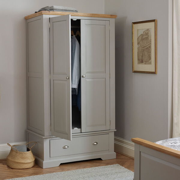 Natural Solid Oak & Grey Paint Wardrobes - Double Wardrobe - St. Ives Range - Oak Furnitureland