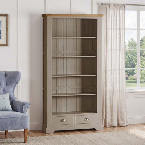 Natural Solid Oak & Grey Paint Bookcases - Tall Bookcase - St. Ives Range - Oak Furnitureland