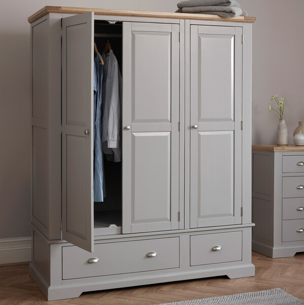 Natural Solid Oak & Grey Paint Wardrobes - Triple Wardrobe - St. Ives Range - Oak Furnitureland