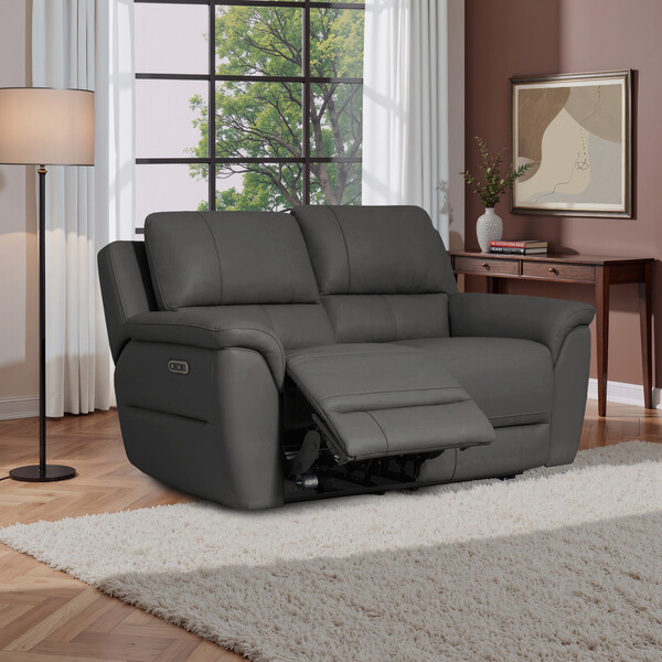 Elephant Grey Leather Sofas - 2 Seater Electric Recliner Sofa - Theo Range - Oak Furnitureland