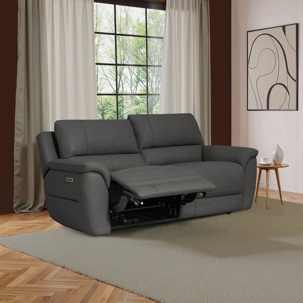 Elephant Grey Leather Sofas - 3 Seater Electric Recliner Sofa - Theo Range - Oak Furnitureland