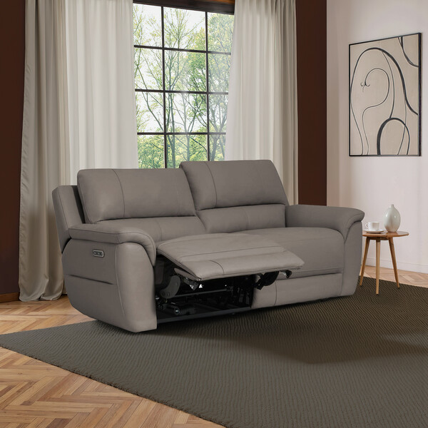 Oyster Leather Sofas - 3 Seater Electric Recliner Sofa - Theo Range - Oak Furnitureland
