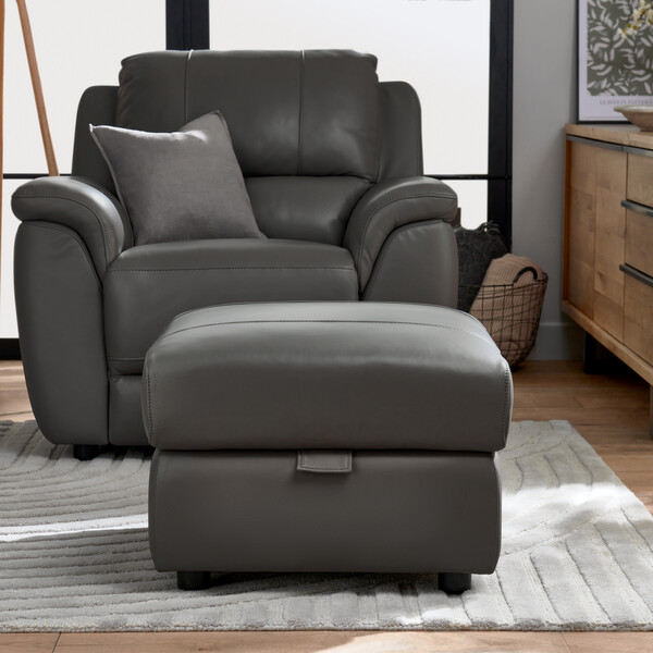 Elephant Grey Leather Sofas - Storage Footstool - Theo Range - Oak Furnitureland