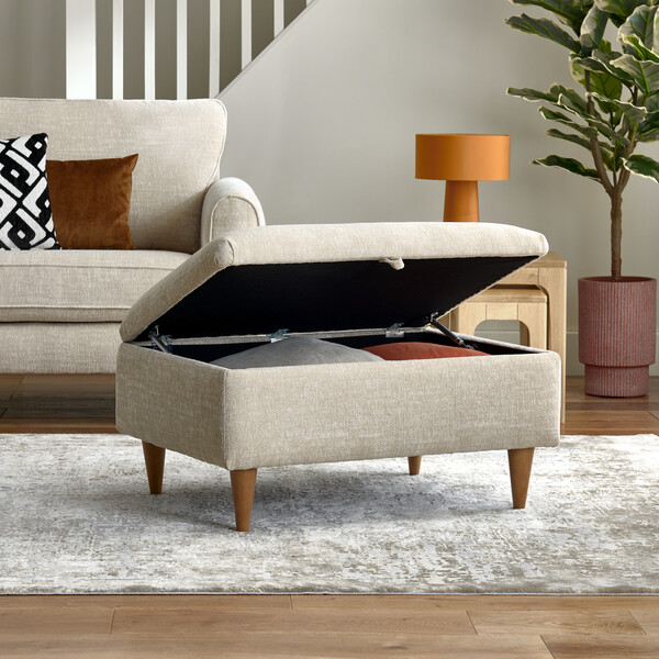 Thornley Modern Storage Footstool in Ivory Fabric | Oak Furnitureland