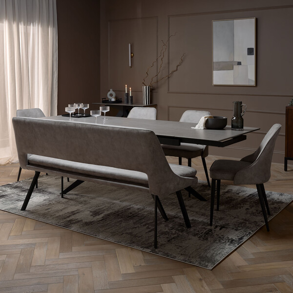 Trento Grey Ceramic Dining Table with 1 Light Grey Nico Bench and 4 Light Grey Aria Chairs - Oak Furnitureland