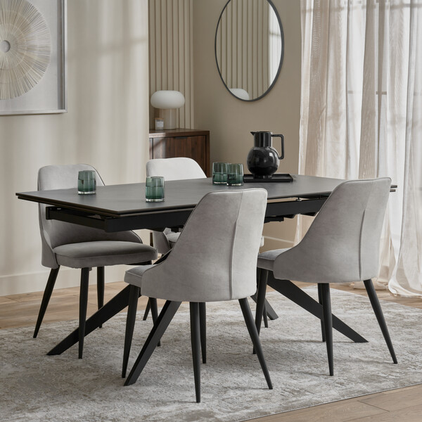 Trento Grey Ceramic Extending Dining Table + 4 Aria Dining Chairs in Light Grey with Black Metal Legs - Oak Furnitureland