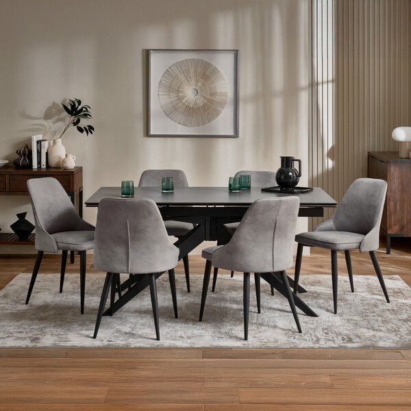 Trento Grey Ceramic Extending Dining Table + 6 Aria Dining Chairs in Dark Grey with Black Metal Legs - Oak Furnitureland