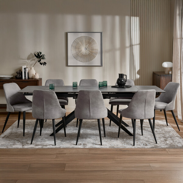 Trento Grey Ceramic Extending Dining Table + 8 Aria Dining Chairs in Light Grey with Black Metal Legs - Oak Furnitureland