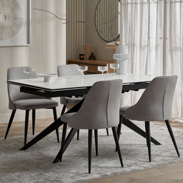 Trento White Ceramic Extending Dining Table + 4 Aria Dining Chairs in Light Grey with Black Metal Legs - Oak Furnitureland