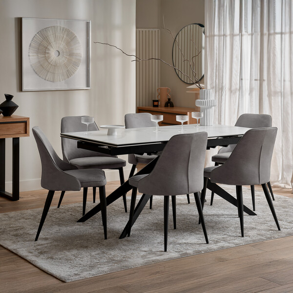 Trento White Ceramic Extending Dining Table + 6 Aria Dining Chairs in Dark Grey with Black Metal Legs - Oak Furnitureland