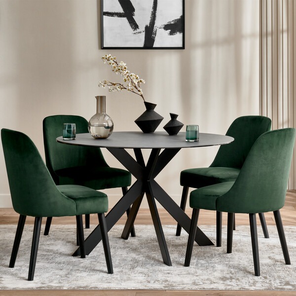 Venice Grey Ceramic Round Dining Table + 4 Bette Chair with Black Legs in Heritage Bottle Green Velvet - Oak Furnitureland