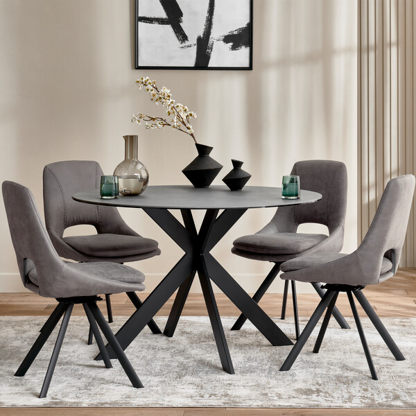 Venice Grey Ceramic Round Dining Table + 4 Nico Swivel Dining Chairs in Dark Grey with Black Metal Legs - Oak Furnitureland