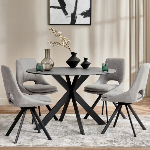Venice Grey Ceramic Round Dining Table + 4 Nico Swivel Dining Chairs in Light Grey with Black Metal Legs - Oak Furnitureland