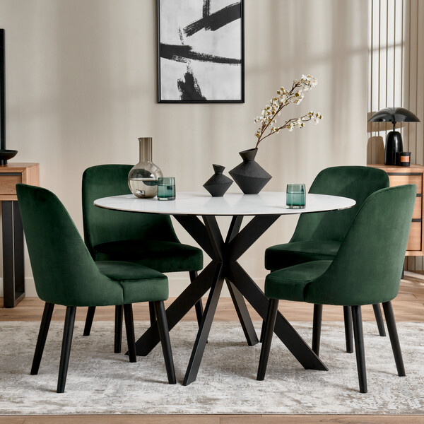 Venice White Ceramic Round Dining Table + 4 Bette Chairs with Black Legs in Heritage Bottle Green Velvet - Oak Furnitureland