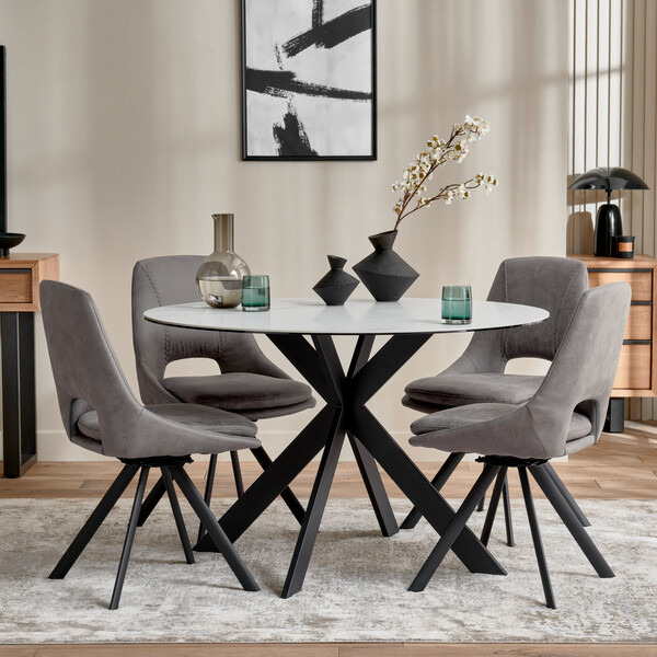 Venice White Ceramic Round Dining Table + 4 Nico Swivel Dining Chairs in Dark Grey with Black Metal Legs - Oak Furnitureland