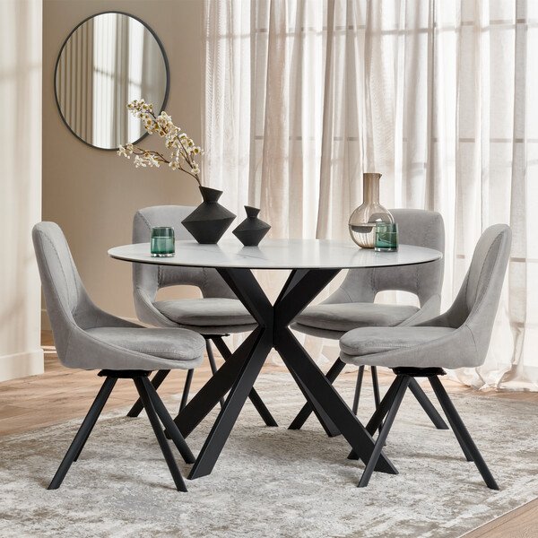 Venice White Ceramic Round Dining Table + 4 Nico Swivel Dining Chairs in Light Grey with Black Metal Legs - Oak Furnitureland