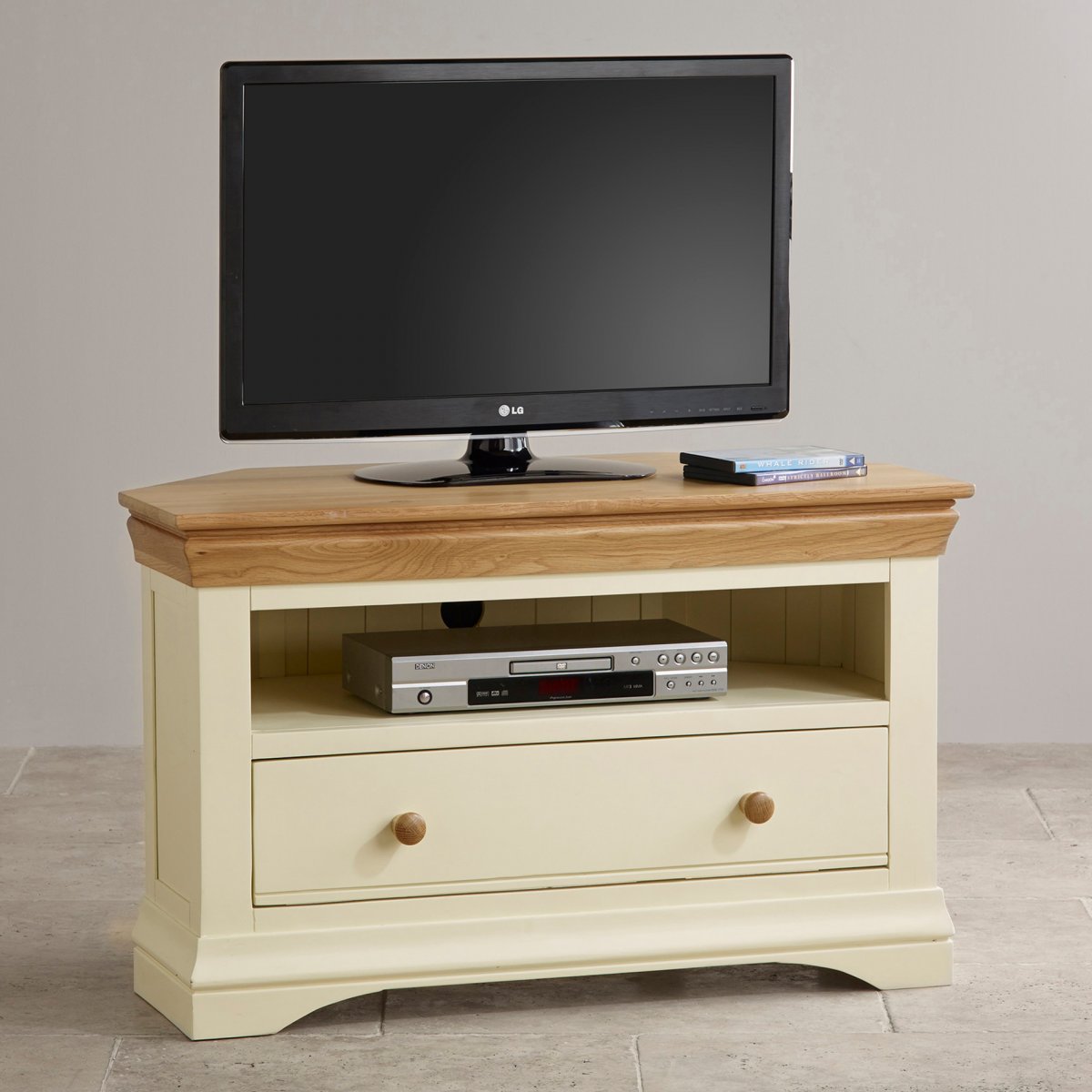 Country Cottage Natural Oak  Corner TV  Cabinet  Cream Painted
