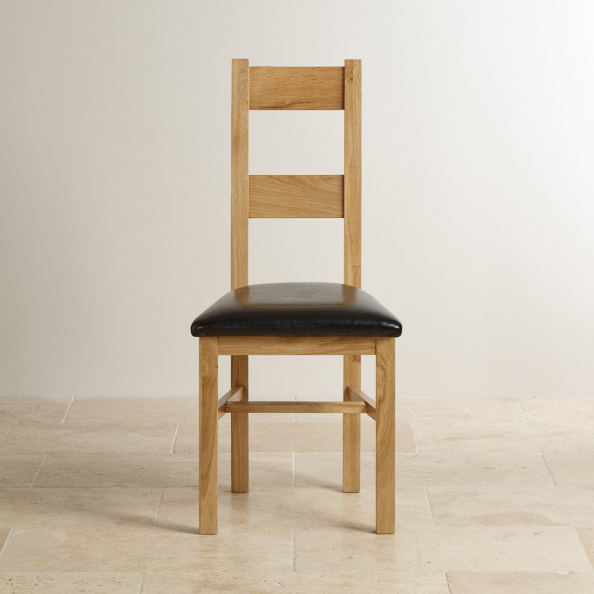 Farmhouse Natural Solid Oak Dining Chair Black Leather