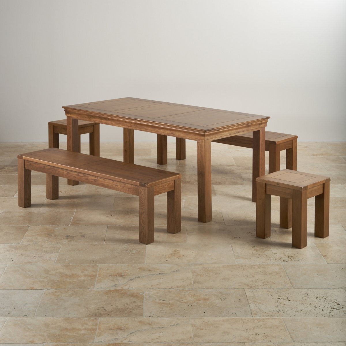 French Oak Dining Set 6ft Table with 2 Benches & Stools