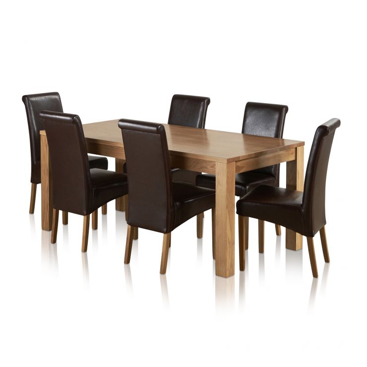 Oakdale Natural Solid Oak 6ft Dining Table 6 Brown Leather Chairs