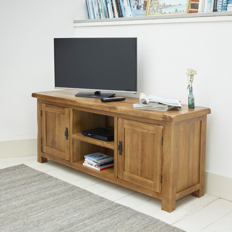 Original Rustic Wide TV in Solid Oak Oak Furniture Land