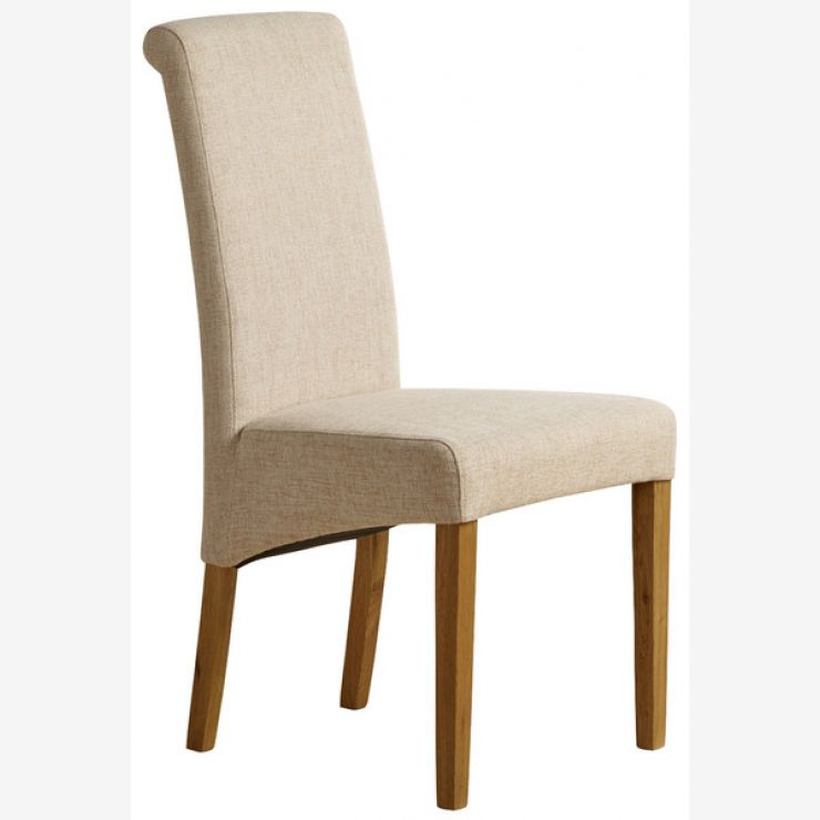 Scroll Back Plain Beige Fabric Dining Chair with Solid Oak Legs