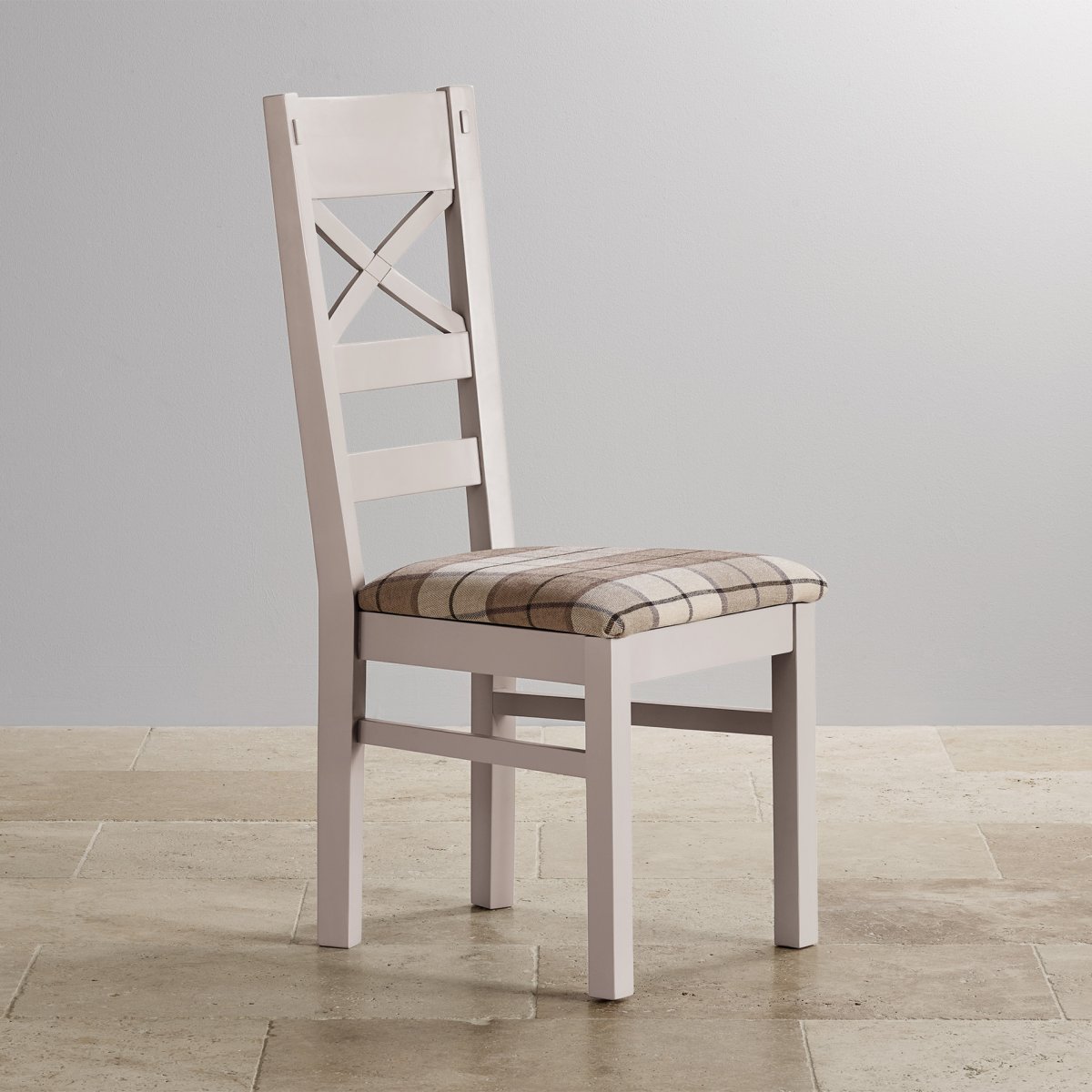 Shay Dining Table Set in Painted Oak + 6 Brown Check Chairs