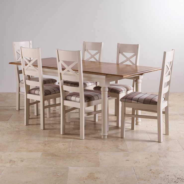 Shay Dining Table Set in Painted Oak + 6 Brown Check Chairs