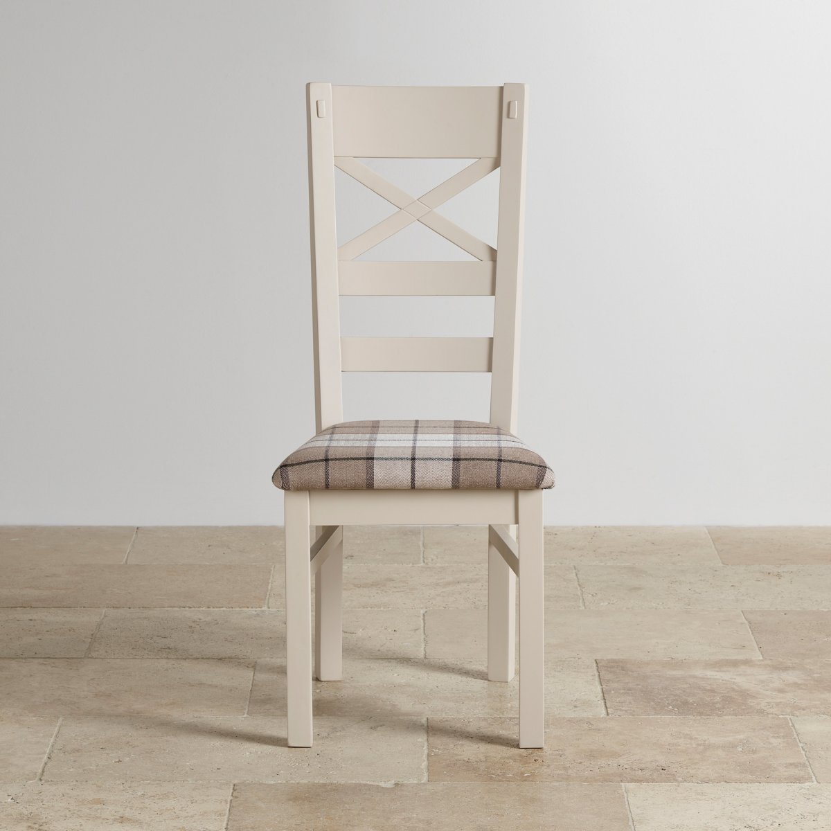 Shay Dining Table Set in Painted Oak + 6 Brown Check Chairs